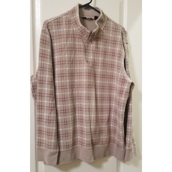 EC-Lands End 1/4 Zip Long Sleeve Pullover Men's XL 46-48 Beige Plaid Mock Neck - Picture 1 of 7